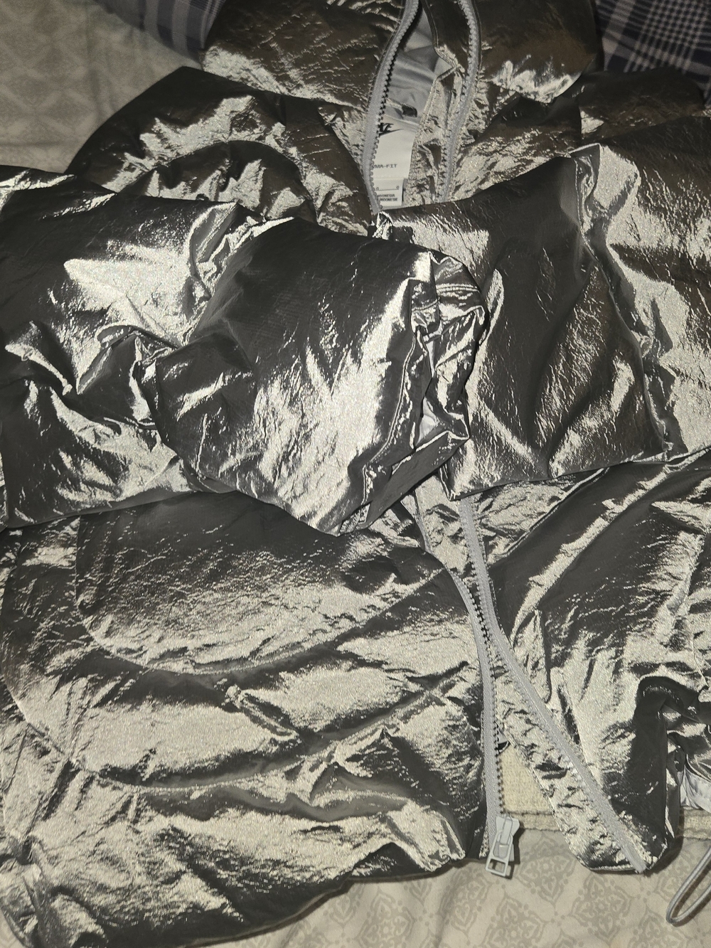 Nike Metallic Silver Puffer Jacket - Women's Shiny Coat